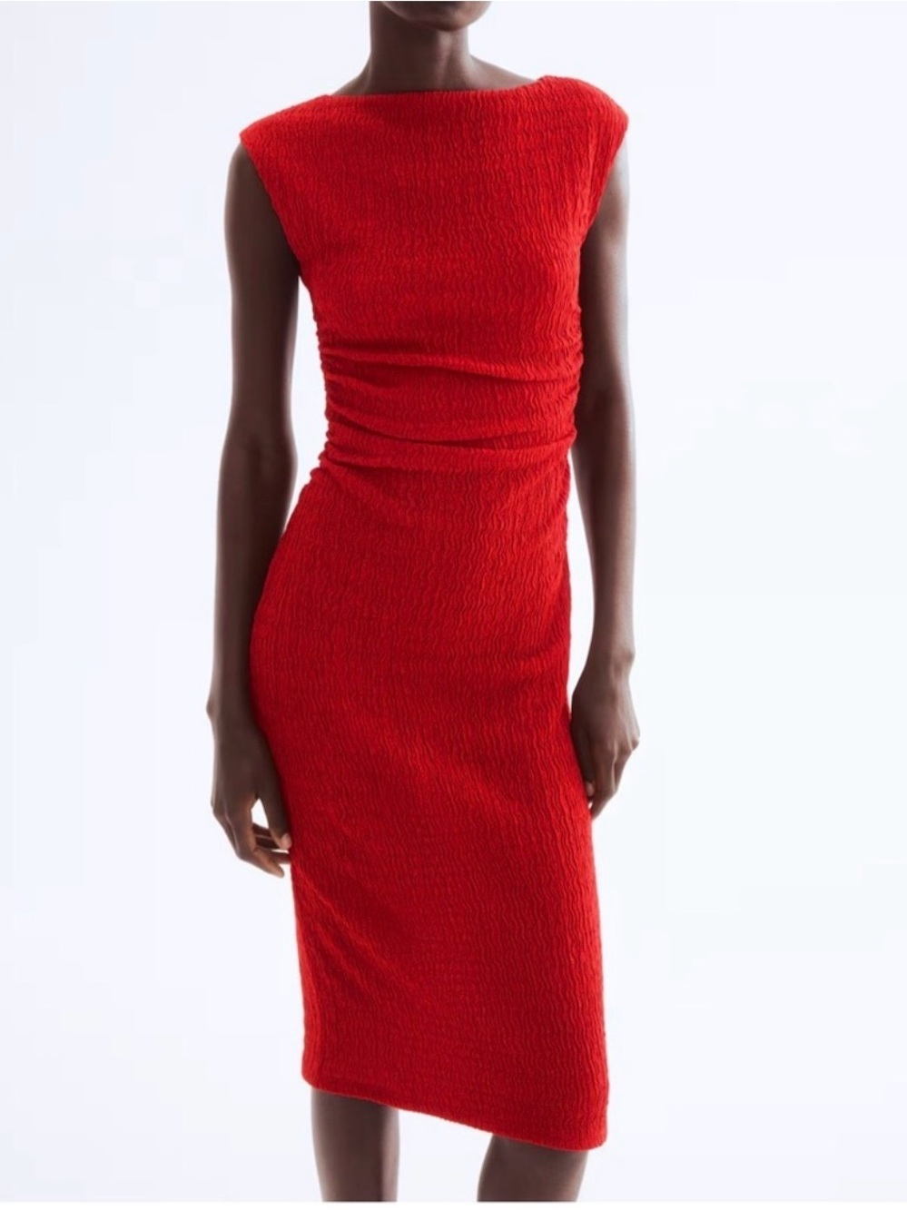 H&M Red Sleeveless Textured Midi Dress
